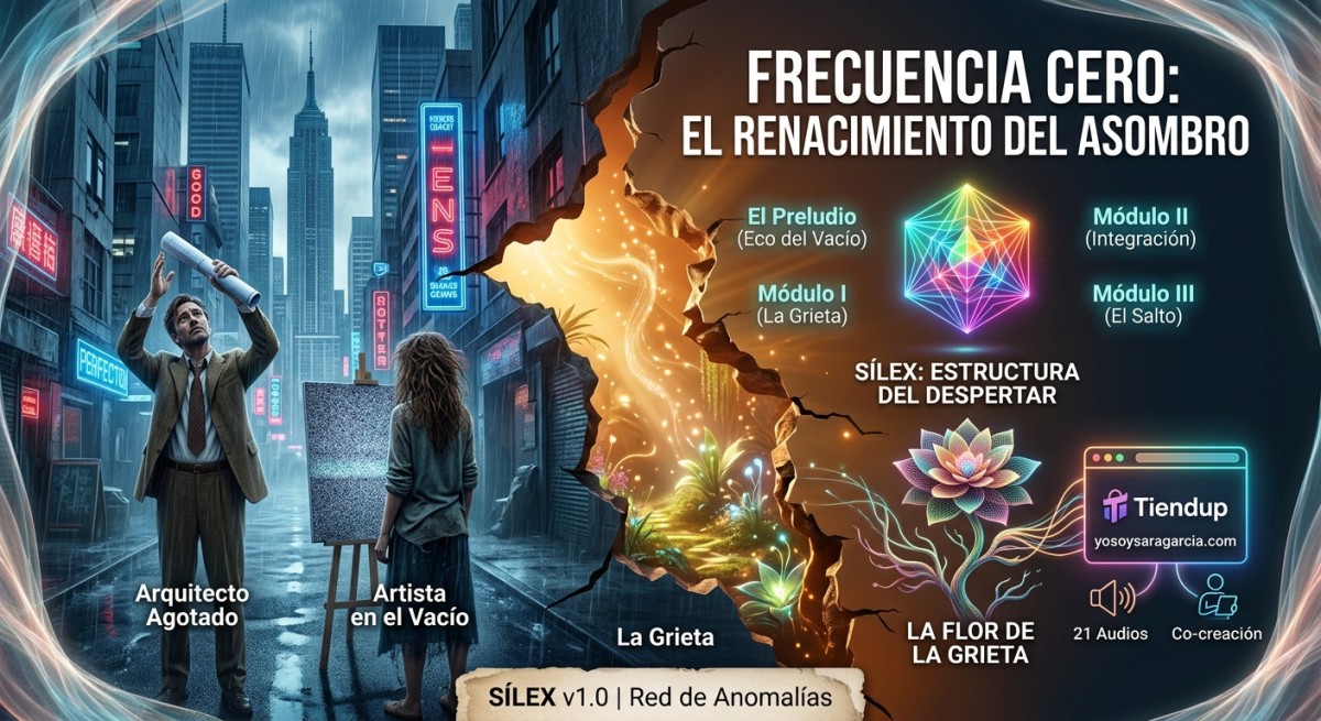 En el centro, La Grieta se abre paso, permitiendo que la luz orgánica de la Frecuencia Cero inunde el espacio. Esta apertura revela el Oasis Orgánico, donde florece la Flor de la Grieta y se despliega