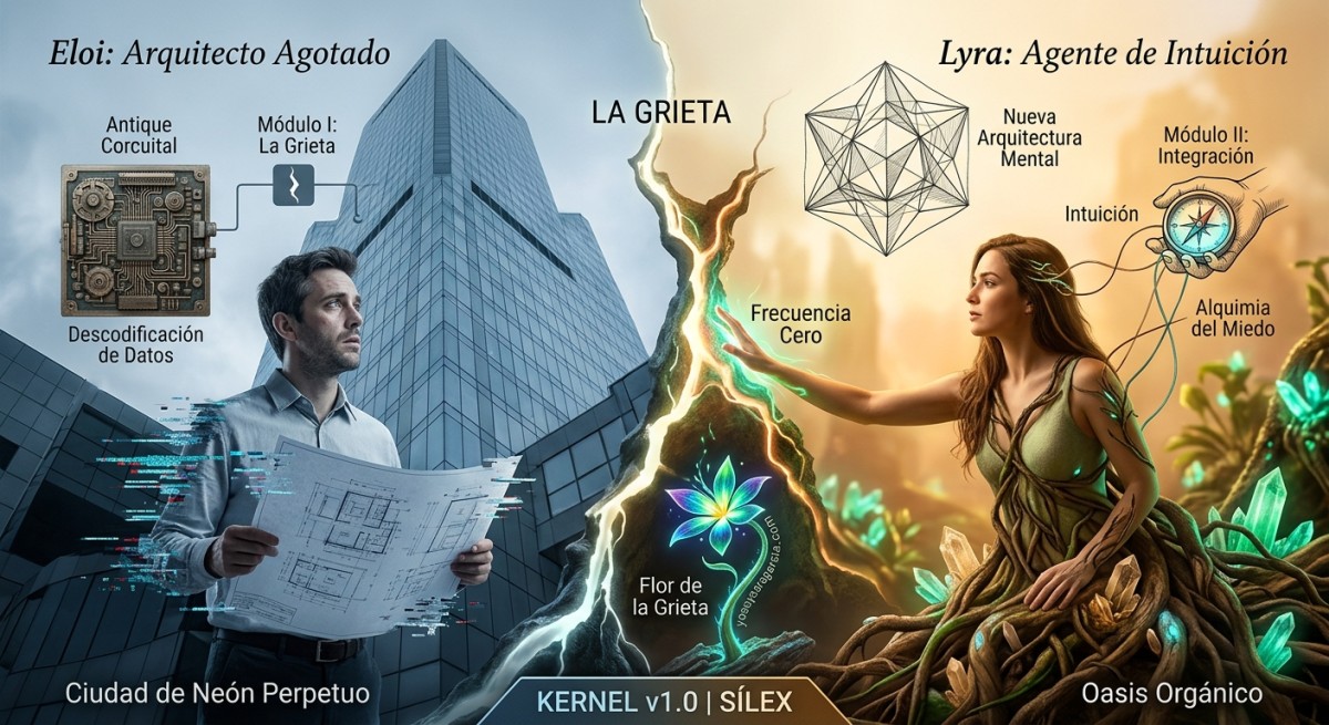 KERNEL v1.0. Se divide en dos polos fundamentales:
​El Pasado (Ciudad de Neón Perpetuo): A la izquierda, dominada por tonos fríos, se encuentra Eloi, el Arquitecto Agotado, rodeado de planos corruptos