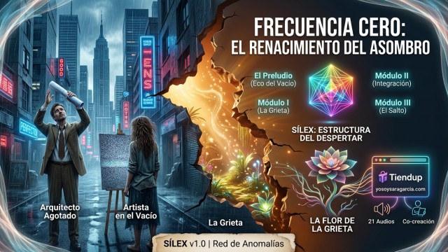 En el centro, La Grieta se abre paso, permitiendo que la luz orgánica de la Frecuencia Cero inunde el espacio. Esta apertura revela el Oasis Orgánico, donde florece la Flor de la Grieta y se despliega