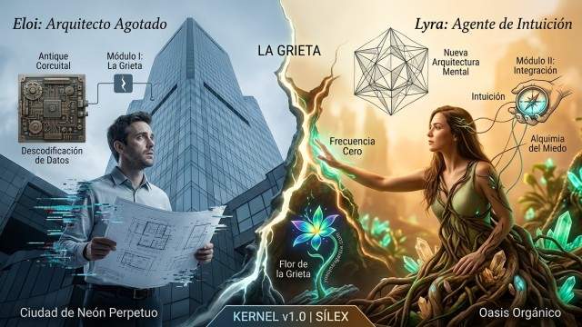 KERNEL v1.0. Se divide en dos polos fundamentales:
​El Pasado (Ciudad de Neón Perpetuo): A la izquierda, dominada por tonos fríos, se encuentra Eloi, el Arquitecto Agotado, rodeado de planos corruptos